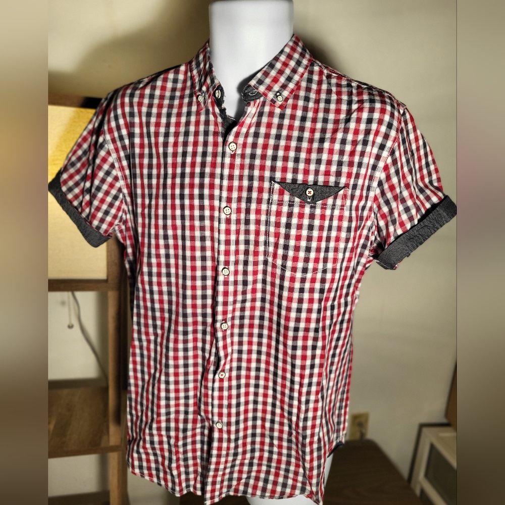 MBX Denim Wear Men's Short Sleeve Button Shirt Red/Blue Size M